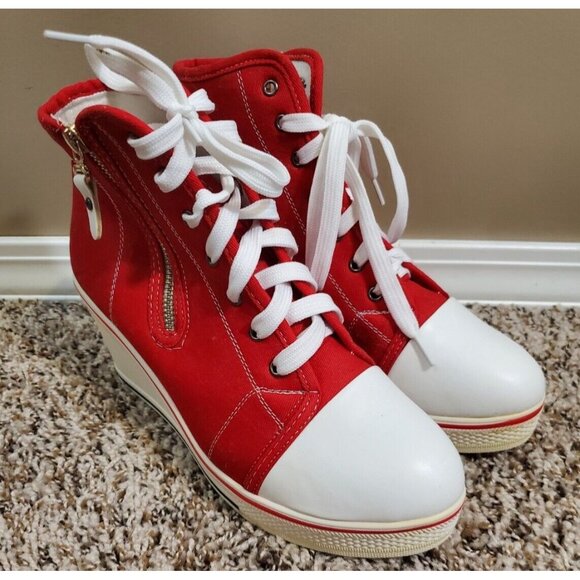 Sports Red & White Sneaker Wedges, Sz 41 - Picture 2 of 10